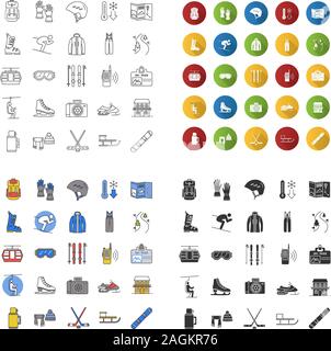 Activités hiver icons set. Le ski, le patinage, le snowboard. Les équipements de sport, de vêtements, de transport, de l'entretien. Design plat, linéaire, couleur et glyphe de styles. Illustration de Vecteur