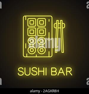 Des sushis et des baguettes neon light icône. Sushi bar signe rougeoyant. Vector illustration isolé Illustration de Vecteur