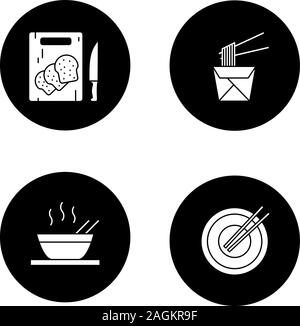 Chinese food icons set glyph. Dans les nouilles ramen, papier fort, baguettes, tranches de pain. Vector silhouettes blanc illustrations de cercles noirs Illustration de Vecteur