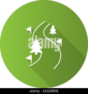 Design plat, un itinéraire long shadow icône glyphe. Winter forest road. Paysage de montagne. Silhouette Vector illustration Illustration de Vecteur
