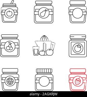 Les conserves maison icons set linéaire. Pomme, poire, cerise, framboise, fraise pots de confiture, ketchup, jus de fruits. Fine ligne contour des symboles. Vecteur isolé o Illustration de Vecteur