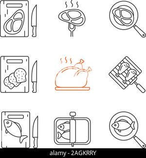 La préparation des aliments icons set linéaire. Les planches à découper avec du pain, de la viande et du poisson, des steaks et de la viande de saumon à frire, griller les pilons de poulet. Fine ligne con Illustration de Vecteur