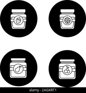 Des fruits en conserve glyphe icons set. Poire, cerise, framboise et fraise pots de confiture. Vector silhouettes blanc illustrations de cercles noirs Illustration de Vecteur