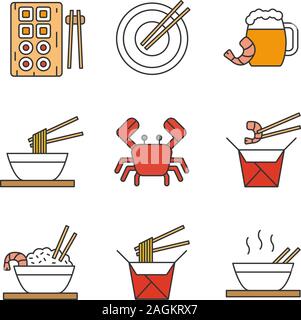 La couleur des aliments chinois icons set. Sushi, ramen, nouilles, riz frit avec des baguettes de fruits de mer, de la bière, du crabe. Illustrations vectorielles Illustration de Vecteur