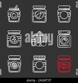 Les conserves maison chalk icons set. Pomme, poire, cerise, framboise, fraise pots de confiture, ketchup, jus de fruits. Illustrations vectorielles chalkboard Illustration de Vecteur