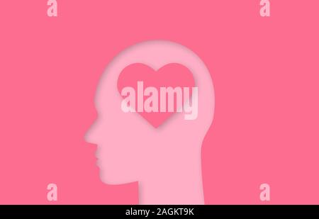 Tête humaine avec forme de coeur à l'intérieur de l'icône de papier découpé. Tombé en amour. Sentiment romantique. Silhouette vecteur illustration isolé Illustration de Vecteur