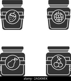 Des fruits en conserve glyphe icons set. Poire, cerise, framboise et fraise pots de confiture. Symboles de Silhouette. Vector illustration isolé Illustration de Vecteur