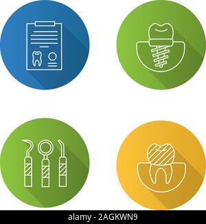 Télévision dentisterie long shadow linéaire icons set. Stomatologie. Rapport de diagnostic, implant et couronne, les instruments dentaires. Contour Vector illustration Illustration de Vecteur