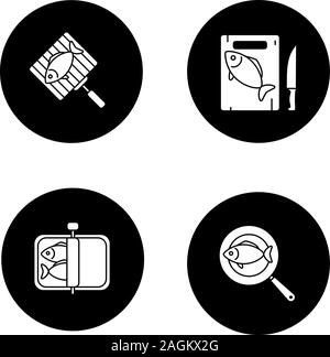 La préparation du poisson glyphe icons set. En conserve, frit, cutted et poissons grillés. Vector silhouettes blanc illustrations de cercles noirs Illustration de Vecteur