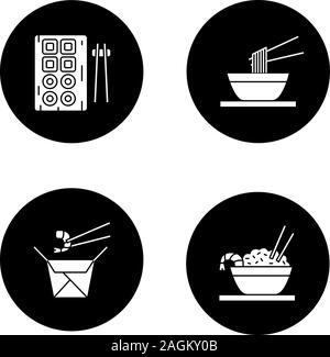 Chinese food icons set glyph. Sushi, ramen, nouilles, riz frit et baguettes. Vector silhouettes blanc illustrations de cercles noirs Illustration de Vecteur