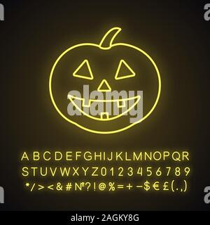 Citrouille Halloween neon light icône. Signe rougeoyant avec alphabet, chiffres et symboles. Vector illustration isolé Illustration de Vecteur