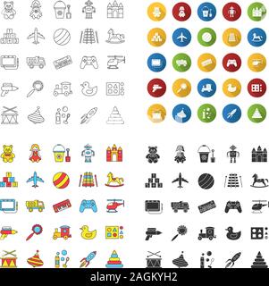 Kids toys icons set. Jeux éducatifs. Des divertissements pour enfants. Design plat, linéaire, couleur et styles des glyphes isolés illustrations vectorielles. Illustration de Vecteur