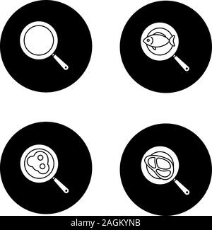 Les poêles à frire glyphe icons set. La friture de poissons, oeufs et viande de boeuf. Vector silhouettes blanc illustrations de cercles noirs Illustration de Vecteur