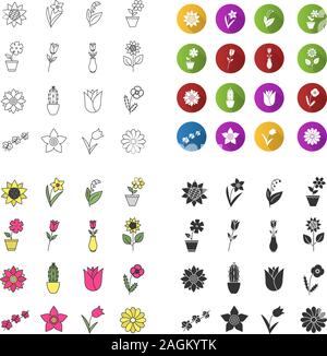 Fleurs icons set. Jardin, nature, plantes d'intérieur. Design plat, linéaire, couleur et glyphe de styles. Illustrations vectorielles Illustration de Vecteur