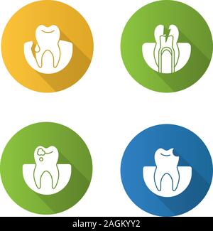 La médecine dentaire modèle plat long shadow glyphe icons set. Stomatologie. Saignement des gencives, dents, dent cassée, les caries. Silhouette Vector illustration Illustration de Vecteur