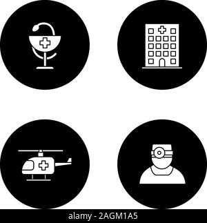 Glyphe de dentisterie icons set. L'hôpital, médecin, l'hélicoptère médical, bol d'Hygie. Vector silhouettes blanc illustrations de cercles noirs Illustration de Vecteur