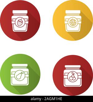 Des fruits en conserve modèle plat long shadow glyphe icons set. Poire, cerise, framboise et fraise pots de confiture. Silhouette Vector illustration Illustration de Vecteur