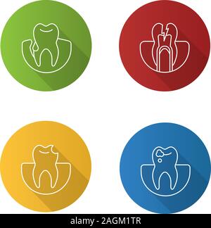 Télévision dentisterie long shadow linéaire icons set. Stomatologie. Saignement des gencives, dents, dent cassée, les caries. Contour Vector illustration Illustration de Vecteur