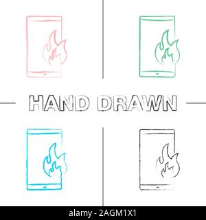 Appel d'urgence incendie hand drawn icons set. Téléphone cassé. Date limite. Smartphone avec flamme. Coup de pinceau de couleur. Illustrations vectorielles sketchy Illustration de Vecteur