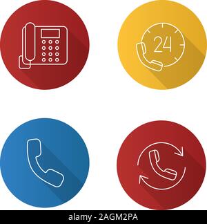 Communication téléphonique linéaire plat long shadow icons set. Téléphone fixe, hotline, combiné, appelant. Contour Vector illustration Illustration de Vecteur