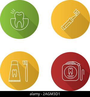 Télévision dentisterie long shadow linéaire icons set. Stomatologie. Mal de dents, brosse à dents électrique avec du dentifrice, dentifrice, fil dentaire. Mauvais plan vectoriel Illustration de Vecteur