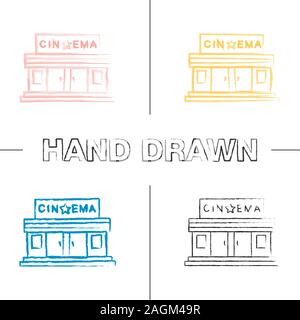 Bâtiment cinéma hand drawn icons set. Cinéma. Coup de pinceau de couleur. Illustrations vectorielles sketchy Illustration de Vecteur