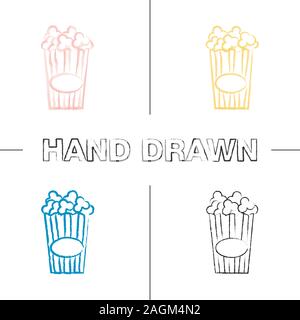 Verre papier avec le pop-corn à la main icons set. Pop corn. Coup de pinceau de couleur. Illustrations vectorielles sketchy Illustration de Vecteur