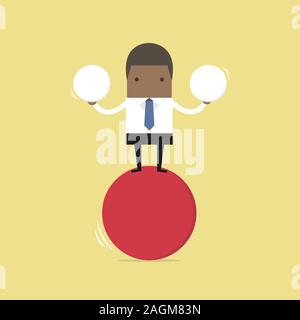 African businessman en équilibre sur une boule rouge tenant deux sphères. Illustration de Vecteur