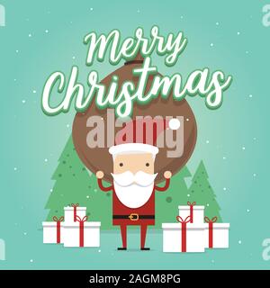 Le Père Noël porte un lourd sac plein de cadeaux. Scène de dessin animé. Joyeux Noël. vector Illustration de Vecteur