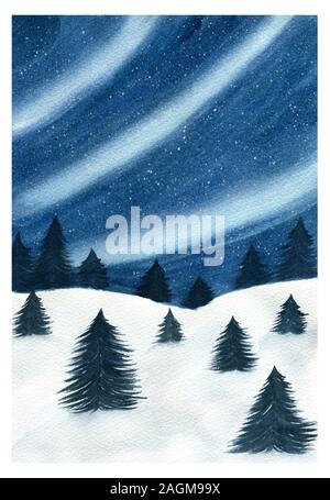 Paysage de forêt d'hiver avec le northern lights, aquarelle monochrome bleu, hiver hills Banque D'Images