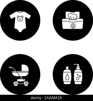 Glyphe de garde d'icons set. Landau, body, lingettes, du shampoing et du savon. Vector silhouettes blanc illustrations de cercles noirs Illustration de Vecteur