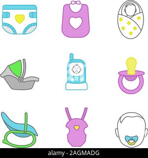 La couleur garde d'icons set. Couches bébé, bavoir, nouveau-né, siège auto, radio nanny, tétine, fauteuil à bascule, sac de transport, les enfants font face. Illust vectorielles Illustration de Vecteur