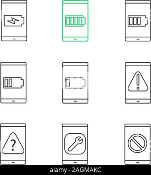 Linéaire Smartphone icons set. Smartphone haute et basse de la batterie, d'erreur, FAQ, paramètres, pas de signal. Fine ligne contour des symboles. Vecteur outli isolés Illustration de Vecteur