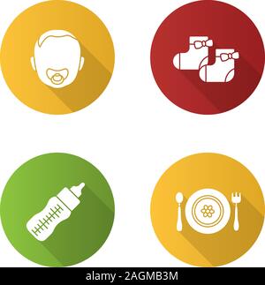 Design plat garde d'ombre portée de l'ensemble des icônes de glyphe. Baby face avec sucette dans la bouche, chaussettes, fille de la plaque, de biberons, fourchette et cuillère. Vector silhoue Illustration de Vecteur