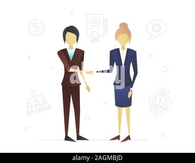 Deux des femmes d'affaire télévision character design. Partenariat d'affaires. Offres d'embauche. Deux femmes se serrer la main. Vector illustration isolé Illustration de Vecteur