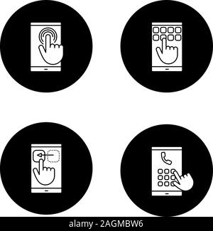 Glyphe de l'écran tactile du smartphone icons set. Touchez deux fois Touchez et faites glisser le geste, le numéro de téléphone de composer, d'un pavé numérique. Vector silhouettes blanc illustrations de bla Illustration de Vecteur