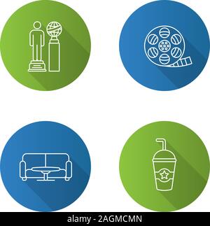 Télévision Cinéma long shadow linéaire icons set. Rouleau de pellicule de film, d'attente, hall, boisson froide. Contour Vector illustration Illustration de Vecteur