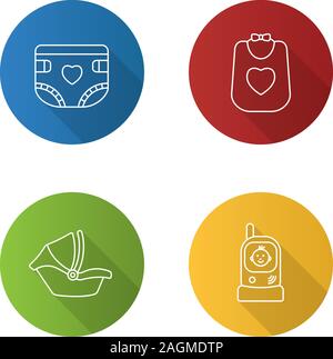 Télévision garde d'ombre portée de l'ensemble des icônes de linéaire. Couches bébé, bavoir, siège auto, radio nounou. Contour Vector illustration Illustration de Vecteur