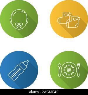 Télévision garde d'ombre portée de l'ensemble des icônes de linéaire. Visage de bébé avec tétine, biberon, chaussettes fille, enfant assiette, fourchette et cuillère. Contour vectoriel illustra Illustration de Vecteur