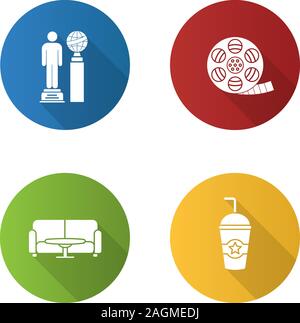 Cinéma Télévision design ombre portée de l'ensemble des icônes de glyphe. Rouleau de pellicule de film, d'attente, hall, boisson froide. Silhouette Vector illustration Illustration de Vecteur