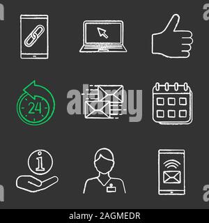 Centre d'information de la craie icons set. Link, ordinateur portable, comme, replanifier, mailing, calendrier, helpdesk, hotline, arrivée d'un message. Tableau Vecteur isolé Illustration de Vecteur
