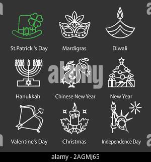 Chalk vacances icons set. Le jour de la Saint Patrick, Mardi Gras, Diwali, la fête des Lumières, le Nouvel An Chinois, Saint-Valentin, 4 juillet, Noël. Vecteur isolé cha Illustration de Vecteur