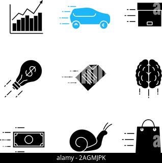 Glyphe de mouvement icons set. La vitesse. Graphique, escargot, voiture, flying colis, fichier, dollar, cerveau, idée, rapide shopping. Symboles de Silhouette. Vector isolated illustr Illustration de Vecteur