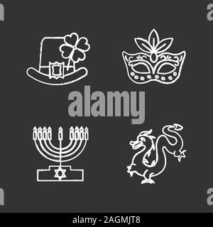 Chalk vacances icons set. Le jour de la Saint Patrick, Mardi Gras, Hanukkah, Nouvel An chinois. Illustrations vectorielles chalkboard Illustration de Vecteur