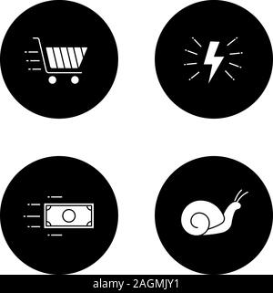 Glyphe de mouvement icons set. La vitesse. Éclair, escargot, dollar papier volant et panier. Vector silhouettes blanc illustrations de cercles noirs Illustration de Vecteur