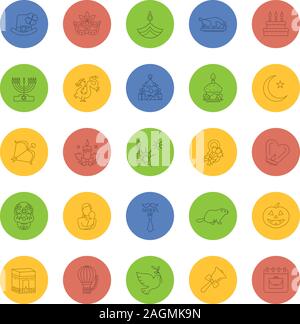 Vacances icons set linéaire. Vacances saisonnières de différents pays. Des idées de cartes de vœux. Fine ligne contours symboles sur fond de couleur. Vector illust Illustration de Vecteur