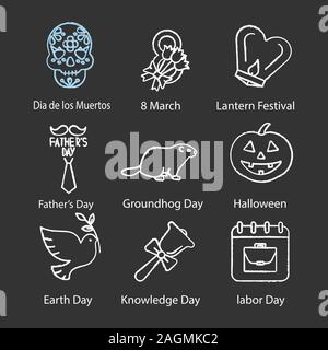 Chalk vacances icons set. Dia de los Muertos, le 8 mars, fête des Lanternes, père, marmotte, du travail, de connaissances, de jours terrestres, l'Halloween. Vec isolés Illustration de Vecteur