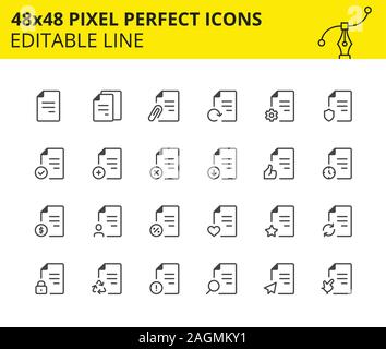 Les icônes de fichiers à l'échelle, le flux de documents et d'interaction avec eux, comme télécharger, profil, etc. recherche et liste modifiable Pixel Perfect Set 48x48. Vecteur. Illustration de Vecteur