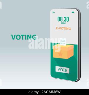 Télévision 3D isométrique businessman hand putting vote en urne qui sortent du moniteur pour ordinateur portable. Le vote en ligne et le concept de l'élection. Banque D'Images
