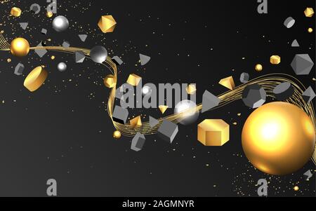 Les primitives 3D noir avec chiffres métalliques d'or , vector illustration réaliste. Motion élégant concept pour le web et print décoration, luxur géométrique Illustration de Vecteur
